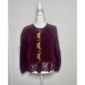 Lianne Barnes Burgundy Chenille Cardigan Crochet Hem Gold Buttons Sz 1 Boho Luxe